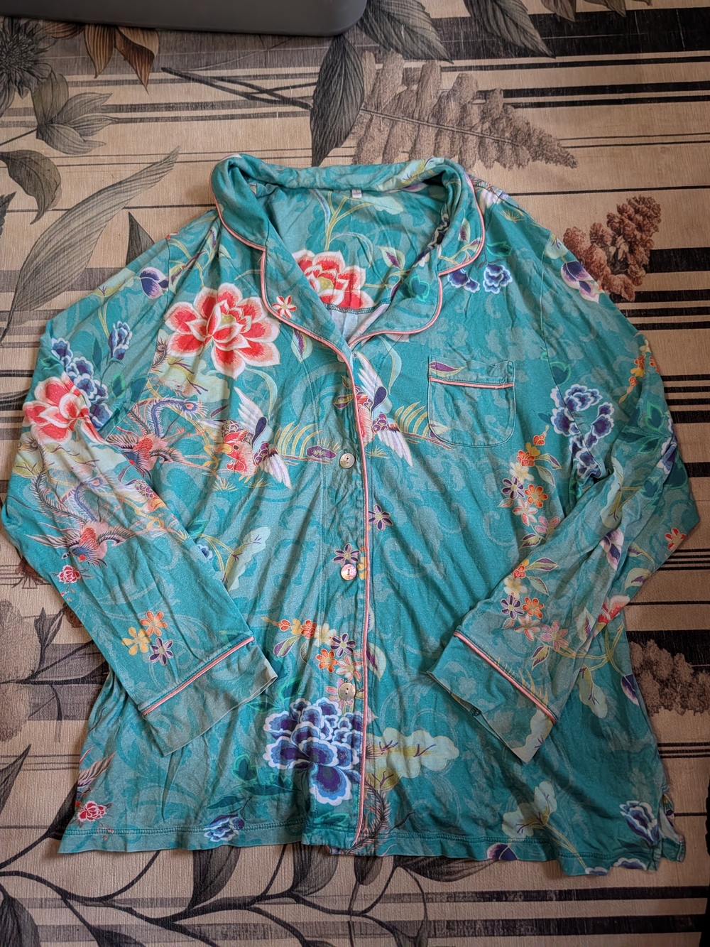 Johnny Was Teal Floral Button Pajama Shirt